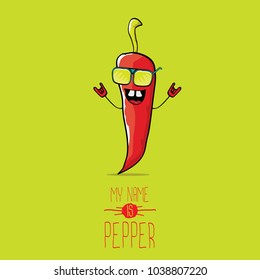 vector funny cartoon red pepper character isolated on green background. My name is pepper vector concept. vegetable funky character