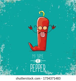 vector funny cartoon red pepper character isolated on grunge azure background. My name is pepper vector concept. vegetable funky cool pepper character