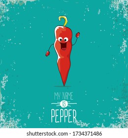 vector funny cartoon red pepper character isolated on grunge azure background. My name is pepper vector concept. vegetable funky cool pepper character