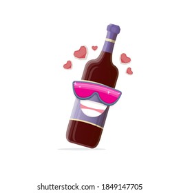 caricatura vectorial del personaje de la botella de vino tinto con gafas de sol aisladas en fondo blanco. funky sonriling glass wine botella de diseño plantilla para carta de vinos o mapa de vinos. 