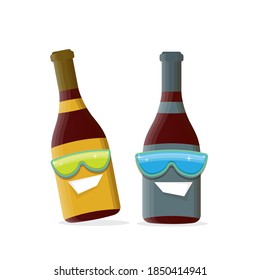 vector funny cartoon red wine bottle character with sunglasses isolated on white background. funky smiling glass wine bottle character design template for wine menu or wine map. 
