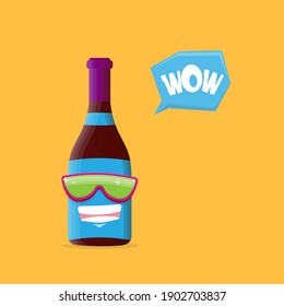 vector funny cartoon red wine bottle character with sunglasses isolated on orange background. funky smiling glass wine bottle character design template for wine menu or wine map.