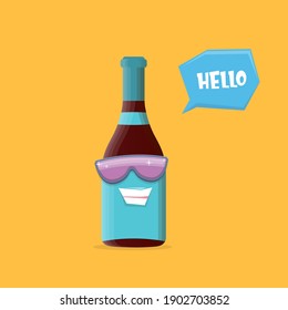 vector funny cartoon red wine bottle character with sunglasses isolated on orange background. funky smiling glass wine bottle character design template for wine menu or wine map.