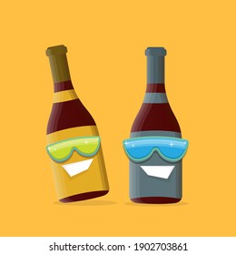 vector funny cartoon red wine bottle character with sunglasses isolated on orange background. funky smiling glass wine bottle character design template for wine menu or wine map.