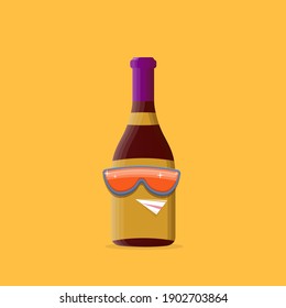 vector funny cartoon red wine bottle character with sunglasses isolated on orange background. funky smiling glass wine bottle character design template for wine menu or wine map.