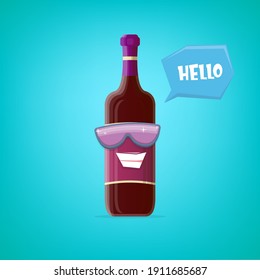 vector funny cartoon red wine bottle character with sunglasses isolated on turquoise background. funky smiling glass wine bottle character design template for wine menu or wine map