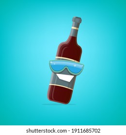 vector funny cartoon red wine bottle character with sunglasses isolated on turquoise background. funky smiling glass wine bottle character design template for wine menu or wine map