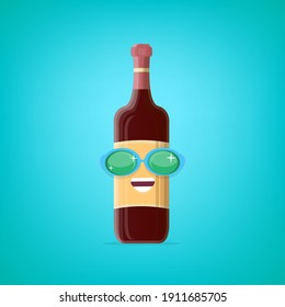 vector funny cartoon red wine bottle character with sunglasses isolated on turquoise background. funky smiling glass wine bottle character design template for wine menu or wine map