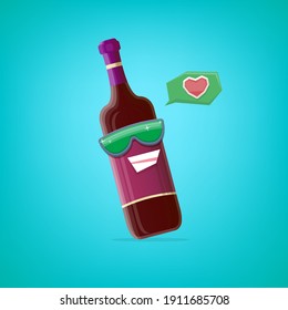 vector funny cartoon red wine bottle character with sunglasses isolated on turquoise background. funky smiling glass wine bottle character design template for wine menu or wine map