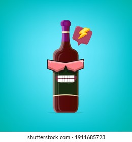 vector funny cartoon red wine bottle character with sunglasses isolated on turquoise background. funky smiling glass wine bottle character design template for wine menu or wine map