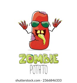 vector funny cartoon red zombie hipster potato character with hair isolated on white background. My name is zombie potato vector concept halloween background. monster vegetable funky character