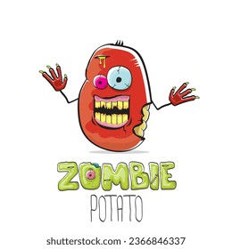 vector funny cartoon red zombie hipster potato character with hair isolated on white background. My name is zombie potato vector concept halloween background. monster vegetable funky character