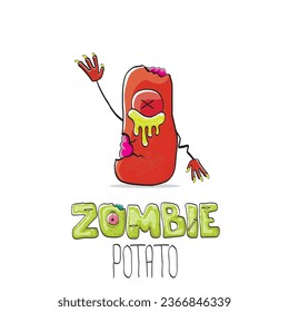 vector funny cartoon red zombie hipster potato character with hair isolated on white background. My name is zombie potato vector concept halloween background. monster vegetable funky character