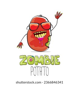 vector funny cartoon red zombie hipster potato character with hair isolated on white background. My name is zombie potato vector concept halloween background. monster vegetable funky character
