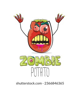 vector funny cartoon red zombie hipster potato character with hair isolated on white background. My name is zombie potato vector concept halloween background. monster vegetable funky character