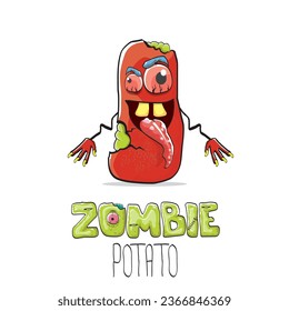 vector funny cartoon red zombie hipster potato character with hair isolated on white background. My name is zombie potato vector concept halloween background. monster vegetable funky character