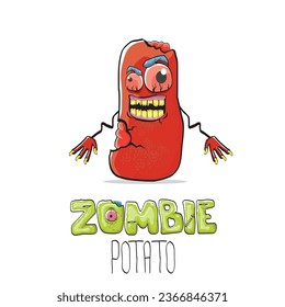 vector funny cartoon red zombie hipster potato character with hair isolated on white background. My name is zombie potato vector concept halloween background. monster vegetable funky character