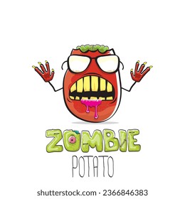 caricatura vectorial graciosa personaje de patata zombi hipster rojo con el pelo aislado en fondo blanco. Mi nombre es el fondo de halloween del concepto de vector de patata zombie. personaje fundido de vegetales monstruo