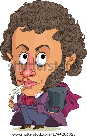 Vector funny cartoon. Russian poet Alexander Pushkin.