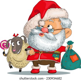 Vector. Funny cartoon. Santa Claus arm in arm with lamb. In the other hand he is holding a bag with gifts. Isolated objects.