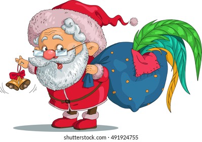 Vector. Funny cartoon. Santa Claus and a rooster in the bag. Santa Claus ringing a bell and wakes him. Isolated objects.