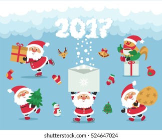 Vector. Funny cartoon. Santa Claus congratulates and gives presents. 2017 Year of the rooster.