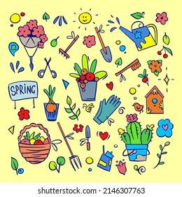 Vector funny cartoon set of gardening spring kids elements
