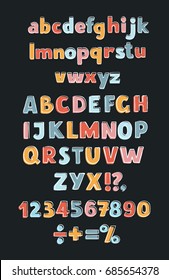 Vector funny cartoon set of hand drawn childish hand drawn outline latin alphabet, numbers and sights. Colorful cute uppercase and lowercase letters in different color on dark background