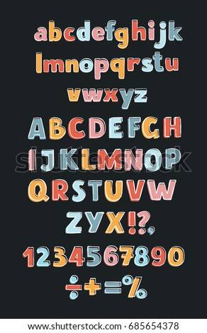 Vector funny cartoon set of hand drawn childish hand drawn outline latin alphabet, numbers and sights. Colorful cute uppercase and lowercase letters in different color on dark background