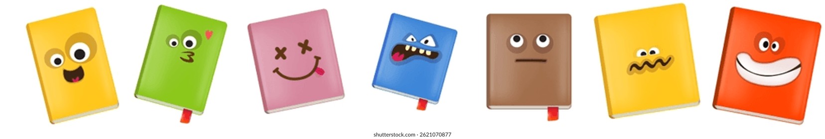 vetor engraçado desenho animado livros sorridentes personagem conjunto isolado no fundo branco. Rosto de coleção de LIVROS Funky com expressões diferentes sorridente, triste, irritado, cara engraçada. Conjunto de caracteres funky da escola