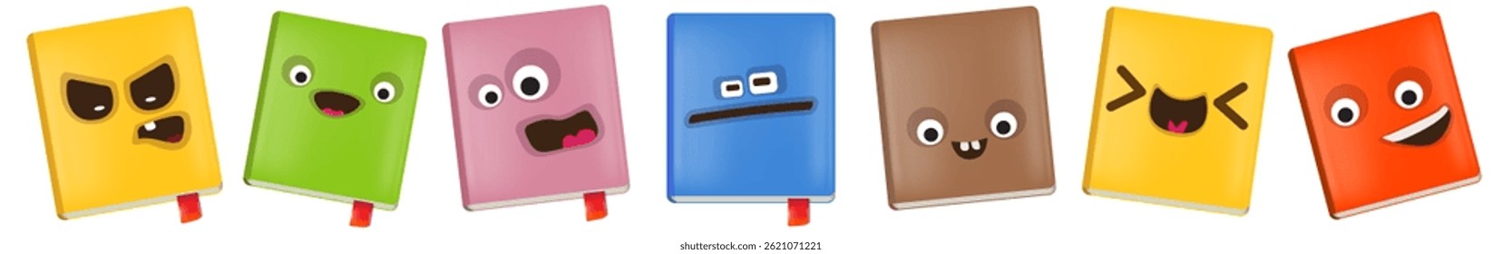 vector funny cartoon smiling books character set isolated on white background. Funky BOOKs collection face with different expressions smiling, sad, angry, funny face. School funky character set