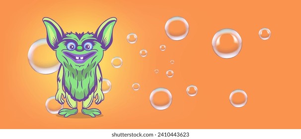 Vector funny cartoon smiling eared gremlin on an orange background with bubbles. Cute little monster. Good toy. Wide bright banner, flyer or poster.