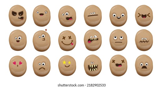 vector funny cartoon smiling potato character set isolated on white background. Funky Potato collection face with different expressions smiling, sad, angry, funny face. vegetable funky character set