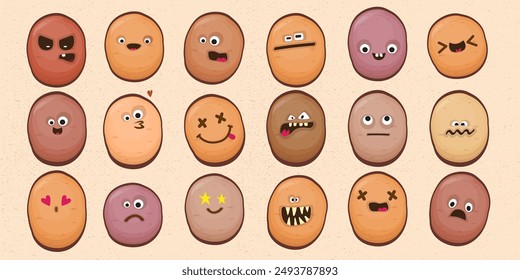 vector funny cartoon smiling potato character set isolated on background. Funky retro Potato collection face with different expressions smiling, sad, angry, funny face. vegetable funky character set