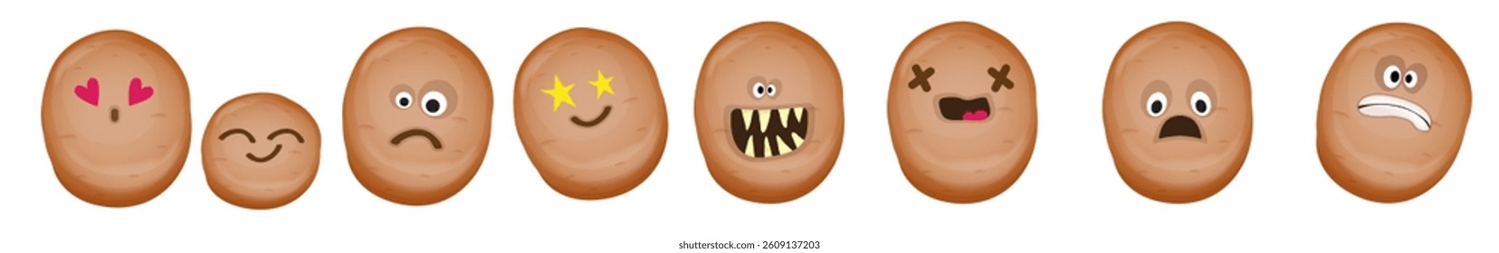 vector funny cartoon smiling potato character set isolated on white background. Funky Potato collection face with different expressions smiling, sad, angry, funny face. vegetable funky character set