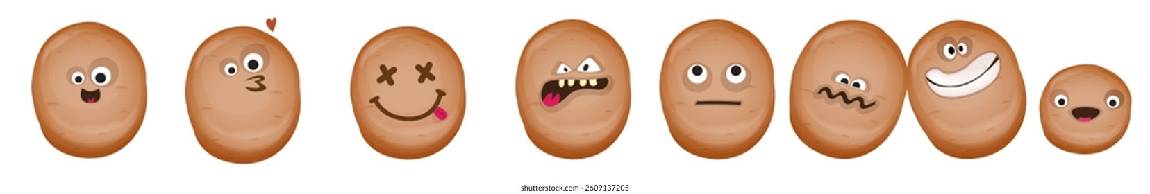 vector funny cartoon smiling potato character set isolated on white background. Funky Potato collection face with different expressions smiling, sad, angry, funny face. vegetable funky character set