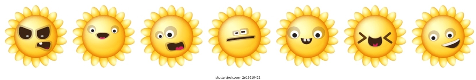 Vektor lustiger Cartoon lächelnder Sonnenfigur Satz einzeln auf weißem Hintergrund. Funky SUN Kollektion Gesicht mit verschiedenen Ausdrücken lächelnd, traurig, wütend, lustig Gesicht. Sommer-Funky-Zeichensatz