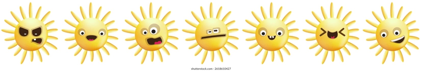 vetor engraçado desenho animado sorridente personagem do sol conjunto isolado no fundo branco. Rosto de coleção SUN funky com expressões diferentes sorridente, triste, irritado, cara engraçada.