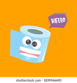 Vector funny cartoon smiling toilet paper roll character isolated on orange background. funky smiling kawaii tolet paper roll character