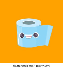 Vector funny cartoon smiling toilet paper roll character isolated on orange background. funky smiling kawaii tolet paper roll character