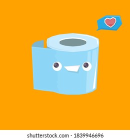 Vector funny cartoon smiling toilet paper roll character isolated on orange background. funky smiling kawaii tolet paper roll character