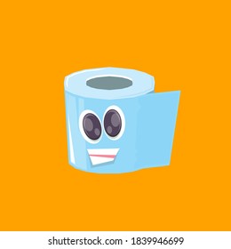 Vector funny cartoon smiling toilet paper roll character isolated on orange background. funky smiling kawaii tolet paper roll character