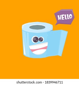 Vector funny cartoon smiling toilet paper roll character isolated on orange background. funky smiling kawaii tolet paper roll character