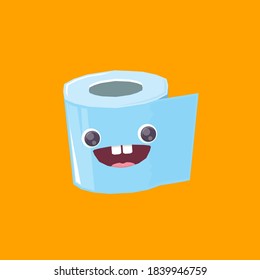 Vector funny cartoon smiling toilet paper roll character isolated on orange background. funky smiling kawaii tolet paper roll character