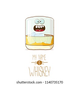 vector funny cartoon smiling whiskey glass character isolated on white background. My name is whiskey vector concept. funky hipster alcohol character icon for bars label or menu