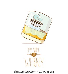 vector funny cartoon smiling whiskey glass character isolated on white background. My name is whiskey vector concept. funky hipster alcohol character icon for bars label or menu