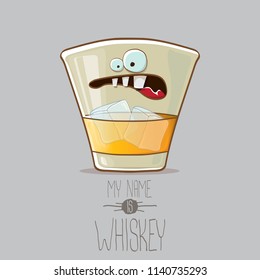 vector funny cartoon smiling whiskey glass character isolated on white background. My name is whiskey vector concept. funky hipster alcohol character icon for bars label or menu