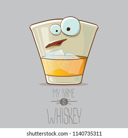 vector funny cartoon smiling whiskey glass character isolated on white background. My name is whiskey vector concept. funky hipster alcohol character icon for bars label or menu