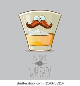 vector funny cartoon smiling whiskey glass character isolated on white background. My name is whiskey vector concept. funky hipster alcohol character icon for bars label or menu