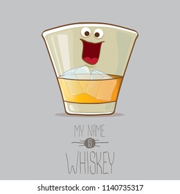 vector funny cartoon smiling whiskey glass character isolated on white background. My name is whiskey vector concept. funky hipster alcohol character icon for bars label or menu